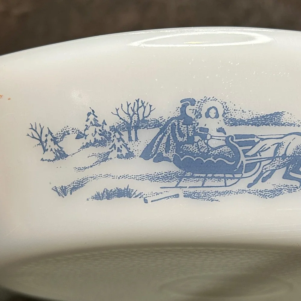 Glasbake Currier & Ives Blue Sleigh Milk Glass Divided Serving Dish Oval Cozy